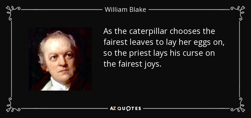 As the caterpillar chooses the fairest leaves to lay her eggs on, so the priest lays his curse on the fairest joys. - William Blake