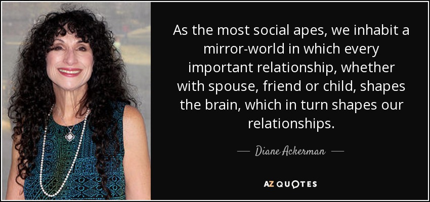 As the most social apes, we inhabit a mirror-world in which every important relationship, whether with spouse, friend or child, shapes the brain, which in turn shapes our relationships. - Diane Ackerman