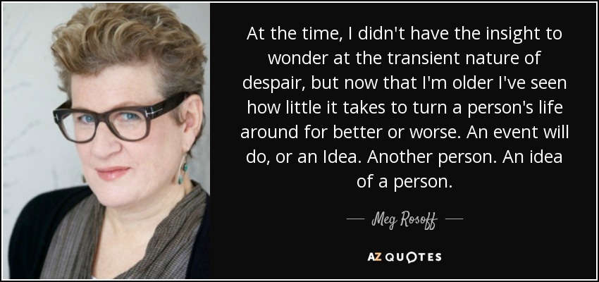 At the time, I didn't have the insight to wonder at the transient nature of despair, but now that I'm older I've seen how little it takes to turn a person's life around for better or worse. An event will do, or an Idea. Another person. An idea of a person. - Meg Rosoff