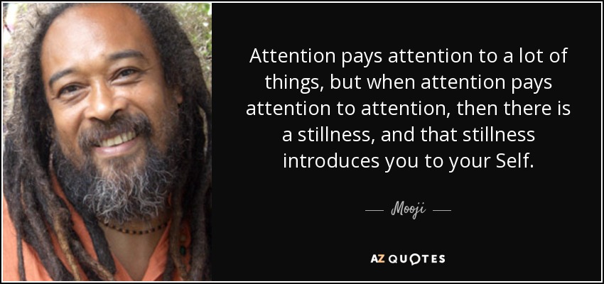 Attention pays attention to a lot of things, but when attention pays attention to attention, then there is a stillness, and that stillness introduces you to your Self. - Mooji