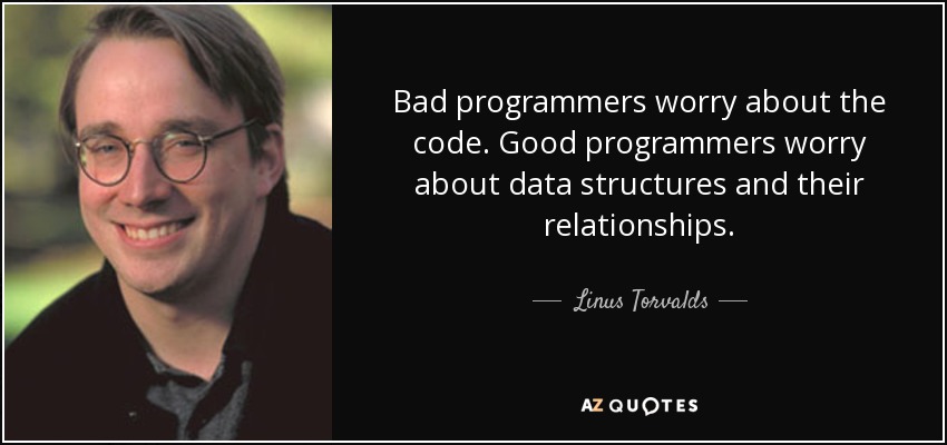 Bad programmers worry about the code. Good programmers worry about data structures and their relationships. - Linus Torvalds