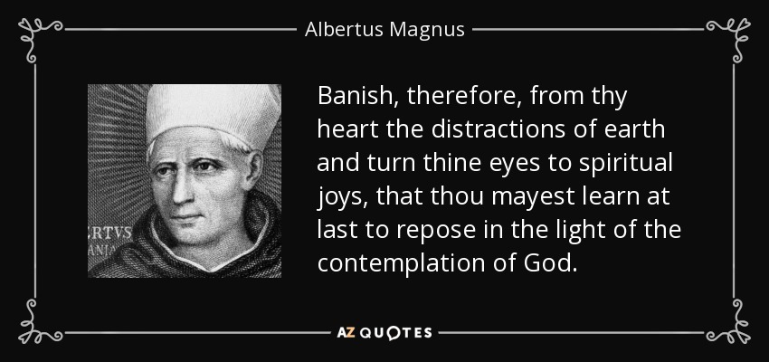 Banish, therefore, from thy heart the distractions of earth and turn thine eyes to spiritual joys, that thou mayest learn at last to repose in the light of the contemplation of God. - Albertus Magnus
