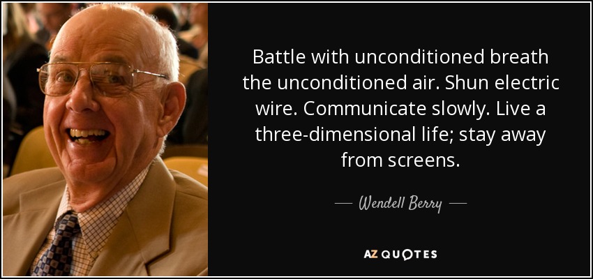 Battle with unconditioned breath the unconditioned air. Shun electric wire. Communicate slowly. Live a three-dimensional life; stay away from screens. - Wendell Berry