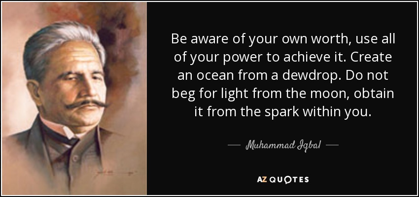 Be aware of your own worth, use all of your power to achieve it. Create an ocean from a dewdrop. Do not beg for light from the moon, obtain it from the spark within you. - Muhammad Iqbal