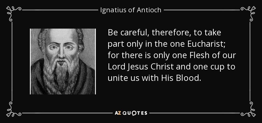 Be careful, therefore, to take part only in the one Eucharist; for there is only one Flesh of our Lord Jesus Christ and one cup to unite us with His Blood. - Ignatius of Antioch