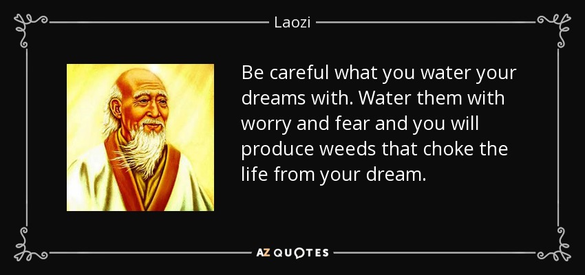 Be careful what you water your dreams with. Water them with worry and fear and you will produce weeds that choke the life from your dream. - Laozi