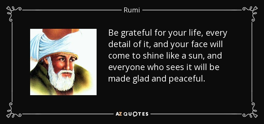 Be grateful for your life, every detail of it, and your face will come to shine like a sun, and everyone who sees it will be made glad and peaceful. - Rumi