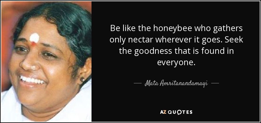 Be like the honeybee who gathers only nectar wherever it goes. Seek the goodness that is found in everyone. - Mata Amritanandamayi