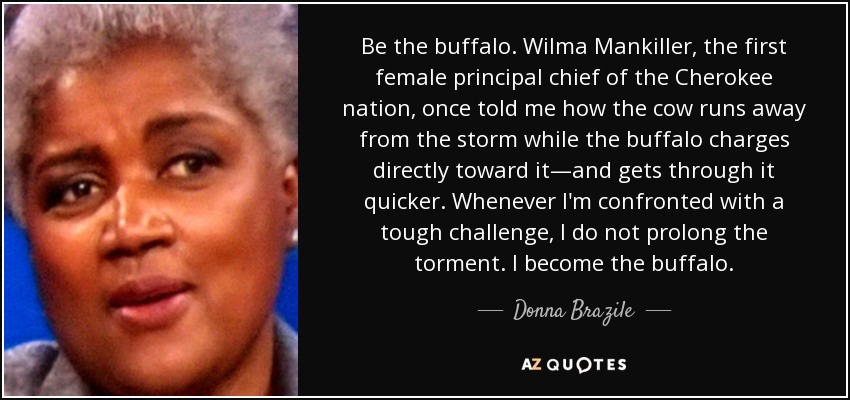 Be the buffalo. Wilma Mankiller, the first female principal chief of the Cherokee nation, once told me how the cow runs away from the storm while the buffalo charges directly toward it—and gets through it quicker. Whenever I'm confronted with a tough challenge, I do not prolong the torment. I become the buffalo. - Donna Brazile