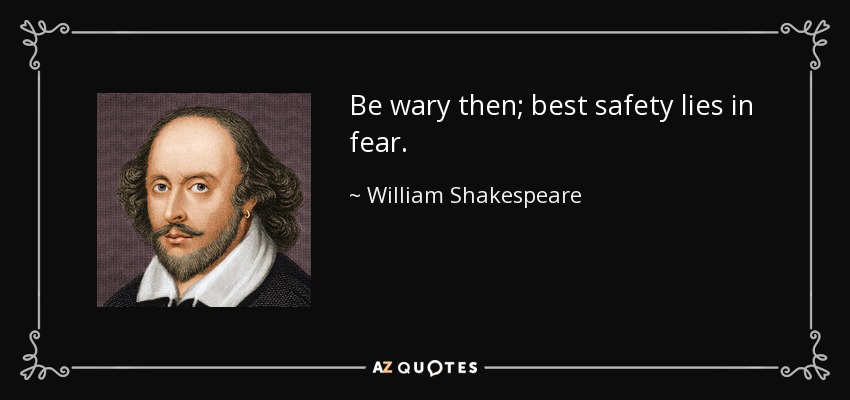 Be wary then; best safety lies in fear. - William Shakespeare