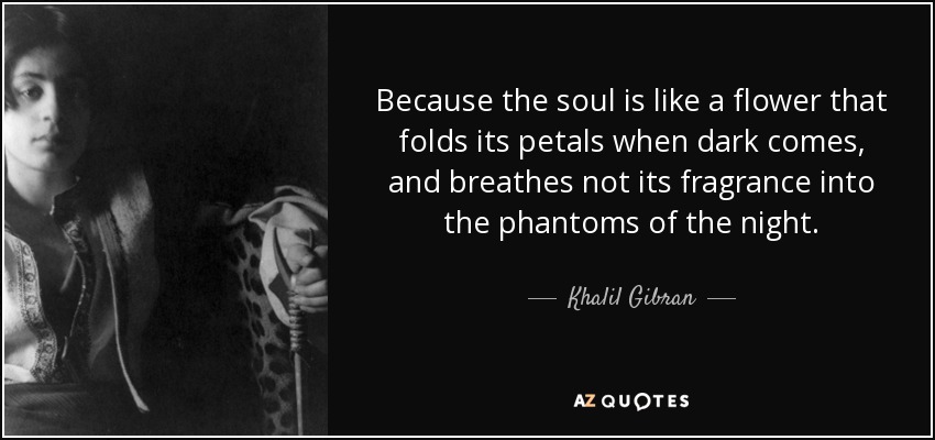 Because the soul is like a flower that folds its petals when dark comes, and breathes not its fragrance into the phantoms of the night. - Khalil Gibran