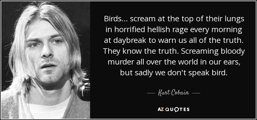 Birds... scream at the top of their lungs in horrified hellish rage every morning at daybreak to warn us all of the truth. They know the truth. Screaming bloody murder all over the world in our ears, but sadly we don't speak bird. - Kurt Cobain