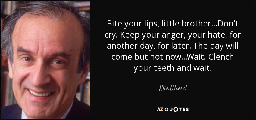 Bite your lips, little brother...Don't cry. Keep your anger, your hate, for another day, for later. The day will come but not now...Wait. Clench your teeth and wait. - Elie Wiesel
