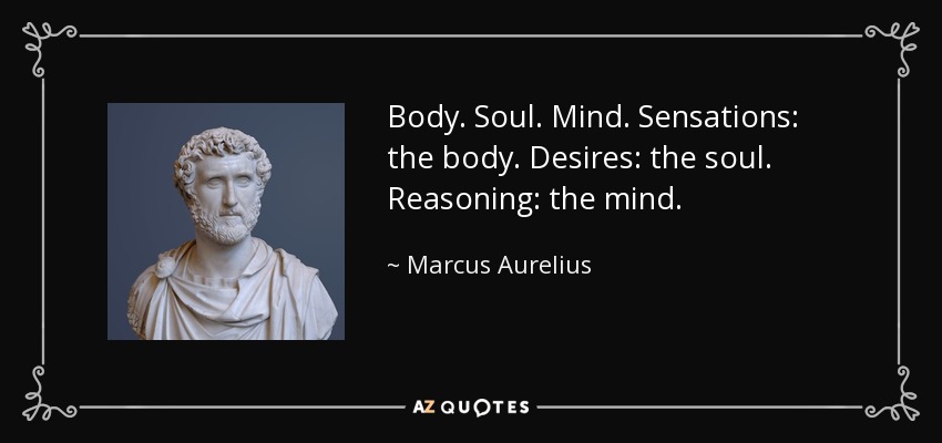 Body. Soul. Mind. Sensations: the body. Desires: the soul. Reasoning: the mind. - Marcus Aurelius