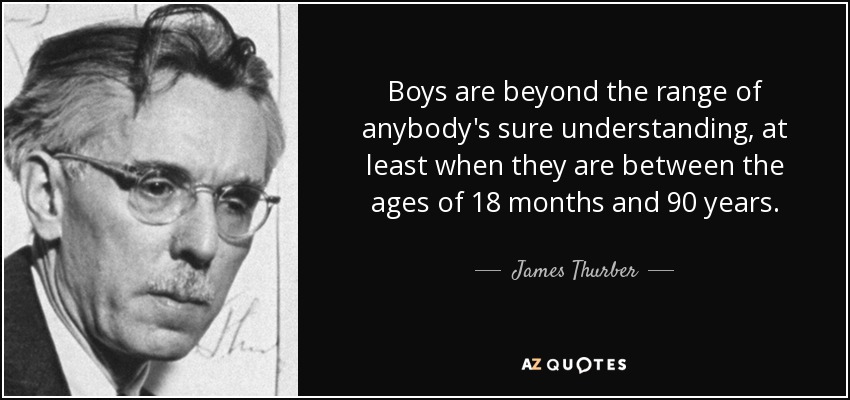 Boys are beyond the range of anybody's sure understanding, at least when they are between the ages of 18 months and 90 years. - James Thurber