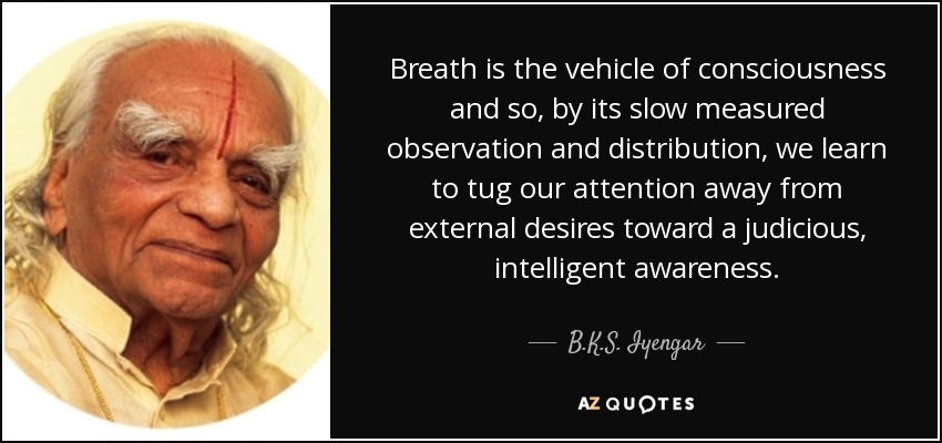 Breath is the vehicle of consciousness and so, by its slow measured observation and distribution, we learn to tug our attention away from external desires toward a judicious, intelligent awareness. - B.K.S. Iyengar