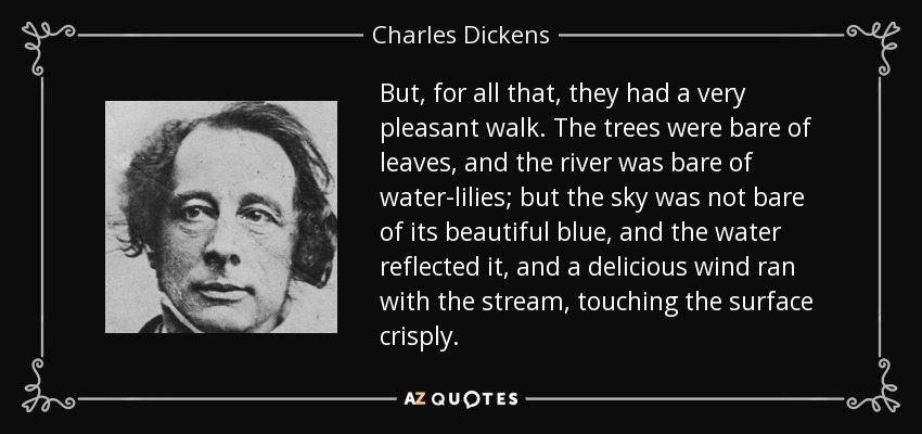 But, for all that, they had a very pleasant walk. The trees were bare of leaves, and the river was bare of water-lilies; but the sky was not bare of its beautiful blue, and the water reflected it, and a delicious wind ran with the stream, touching the surface crisply. - Charles Dickens