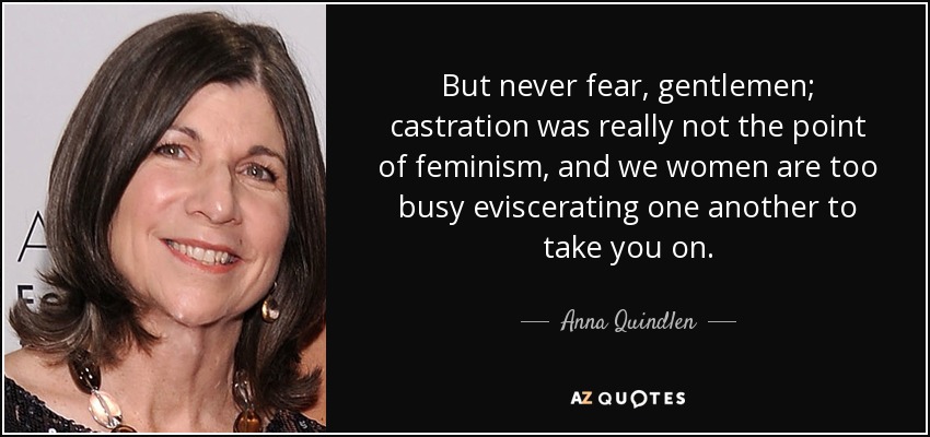 But never fear, gentlemen; castration was really not the point of feminism, and we women are too busy eviscerating one another to take you on. - Anna Quindlen
