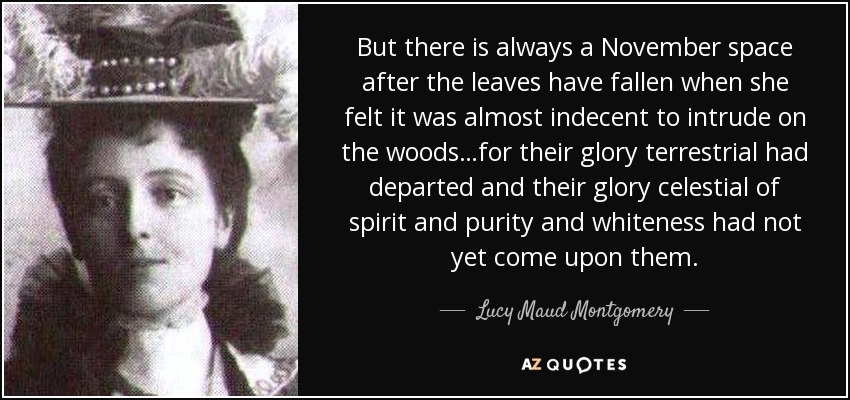 But there is always a November space after the leaves have fallen when she felt it was almost indecent to intrude on the woods…for their glory terrestrial had departed and their glory celestial of spirit and purity and whiteness had not yet come upon them. - Lucy Maud Montgomery
