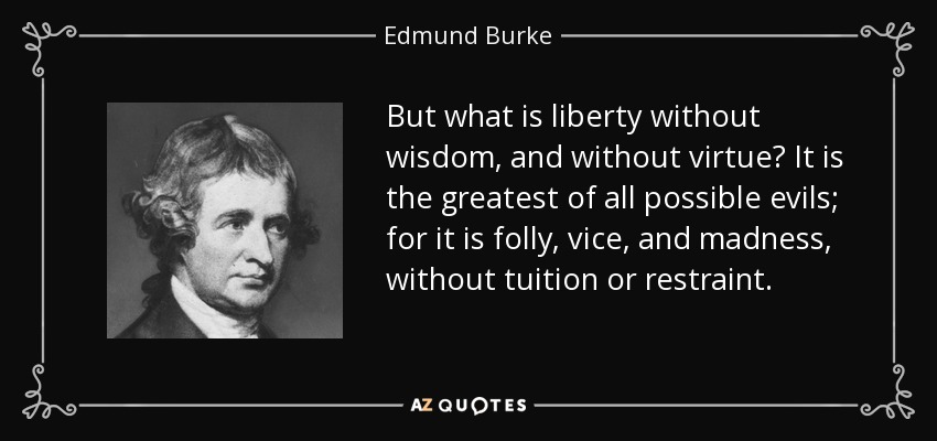 But what is liberty without wisdom, and without virtue? It is the greatest of all possible evils; for it is folly, vice, and madness, without tuition or restraint. - Edmund Burke