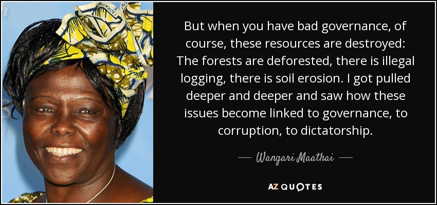 But when you have bad governance, of course, these resources are destroyed: The forests are deforested, there is illegal logging, there is soil erosion. I got pulled deeper and deeper and saw how these issues become linked to governance, to corruption, to dictatorship. - Wangari Maathai