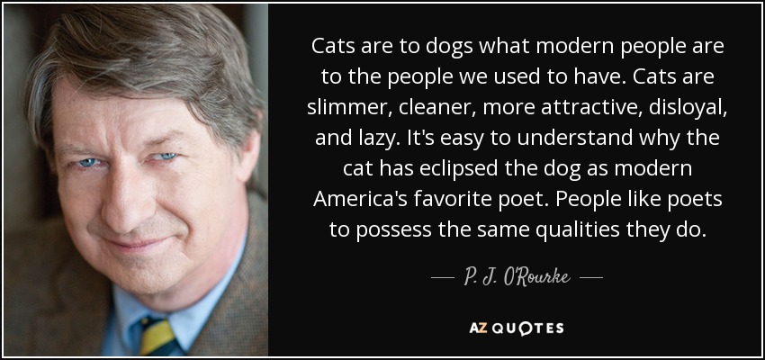 Cats are to dogs what modern people are to the people we used to have. Cats are slimmer, cleaner, more attractive, disloyal, and lazy. It's easy to understand why the cat has eclipsed the dog as modern America's favorite poet. People like poets to possess the same qualities they do. - P. J. O'Rourke