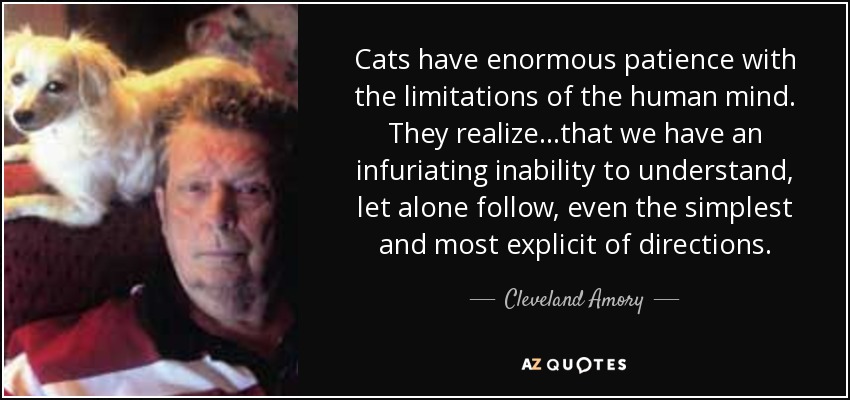 Cats have enormous patience with the limitations of the human mind. They realize...that we have an infuriating inability to understand, let alone follow, even the simplest and most explicit of directions. - Cleveland Amory