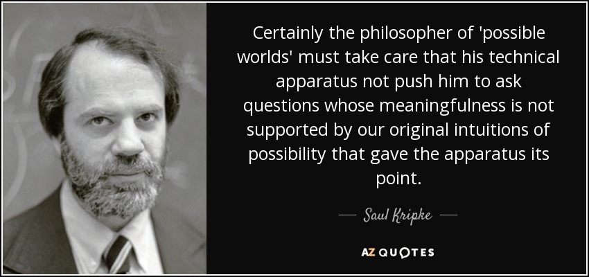 Certainly the philosopher of 'possible worlds' must take care that his technical apparatus not push him to ask questions whose meaningfulness is not supported by our original intuitions of possibility that gave the apparatus its point. - Saul Kripke