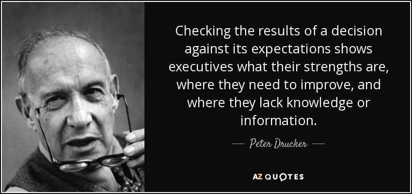Checking the results of a decision against its expectations shows executives what their strengths are, where they need to improve, and where they lack knowledge or information. - Peter Drucker
