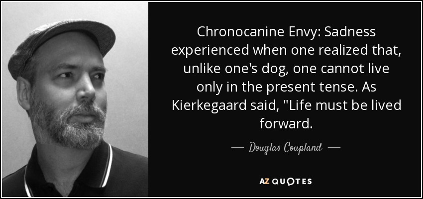 Chronocanine Envy: Sadness experienced when one realized that, unlike one's dog, one cannot live only in the present tense. As Kierkegaard said, 
