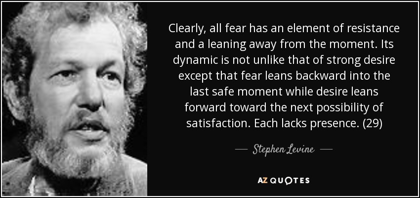 Clearly, all fear has an element of resistance and a leaning away from the moment. Its dynamic is not unlike that of strong desire except that fear leans backward into the last safe moment while desire leans forward toward the next possibility of satisfaction. Each lacks presence. (29) - Stephen Levine