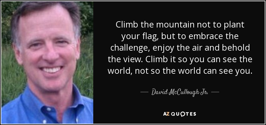 Climb the mountain not to plant your flag, but to embrace the challenge, enjoy the air and behold the view. Climb it so you can see the world, not so the world can see you. - David McCullough Jr.