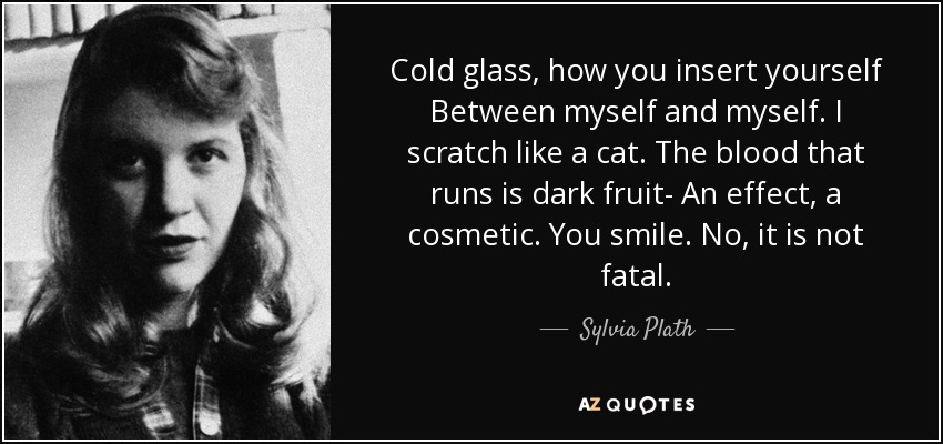 Cold glass, how you insert yourself Between myself and myself. I scratch like a cat. The blood that runs is dark fruit- An effect, a cosmetic. You smile. No, it is not fatal. - Sylvia Plath