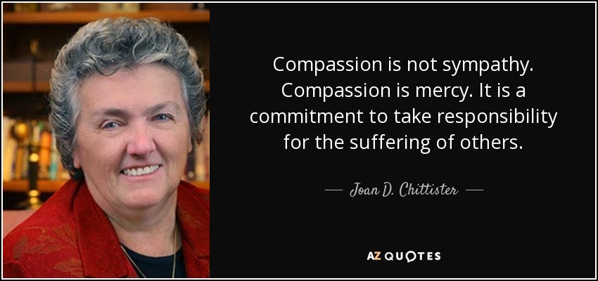 Compassion is not sympathy. Compassion is mercy. It is a commitment to take responsibility for the suffering of others. - Joan D. Chittister