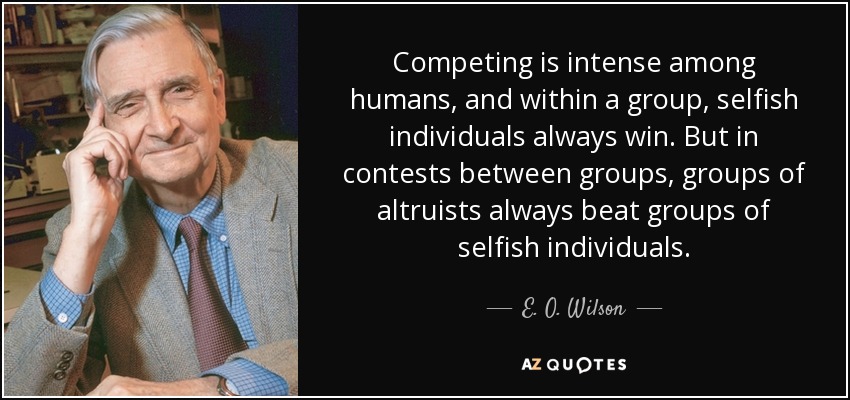 Competing is intense among humans, and within a group, selfish individuals always win. But in contests between groups, groups of altruists always beat groups of selfish individuals. - E. O. Wilson