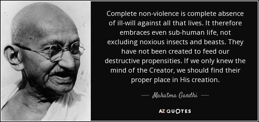 Complete non-violence is complete absence of ill-will against all that lives. It therefore embraces even sub-human life, not excluding noxious insects and beasts. They have not been created to feed our destructive propensities. If we only knew the mind of the Creator, we should find their proper place in His creation. - Mahatma Gandhi