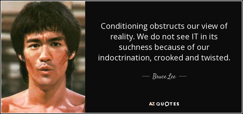 Conditioning obstructs our view of reality. We do not see IT in its suchness because of our indoctrination, crooked and twisted. - Bruce Lee