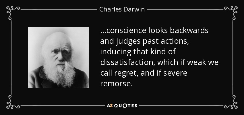 ...conscience looks backwards and judges past actions, inducing that kind of dissatisfaction, which if weak we call regret, and if severe remorse. - Charles Darwin