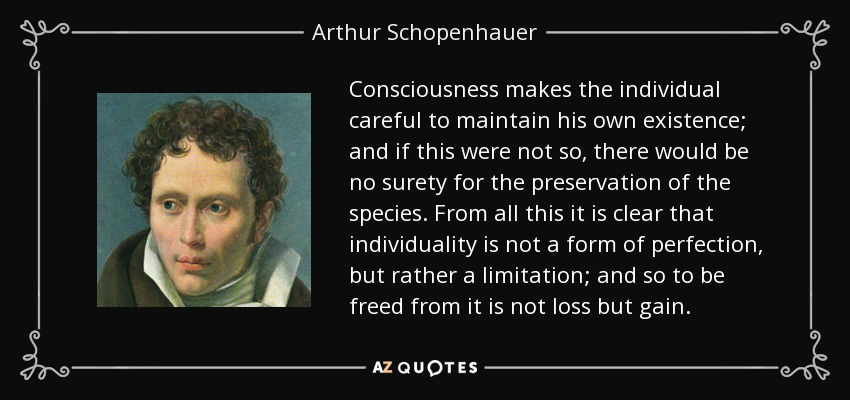 Consciousness makes the individual careful to maintain his own existence; and if this were not so, there would be no surety for the preservation of the species. From all this it is clear that individuality is not a form of perfection, but rather a limitation; and so to be freed from it is not loss but gain. - Arthur Schopenhauer