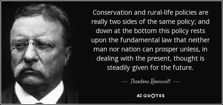 Conservation and rural-life policies are really two sides of the same policy; and down at the bottom this policy rests upon the fundamental law that neither man nor nation can prosper unless, in dealing with the present, thought is steadily given for the future. - Theodore Roosevelt