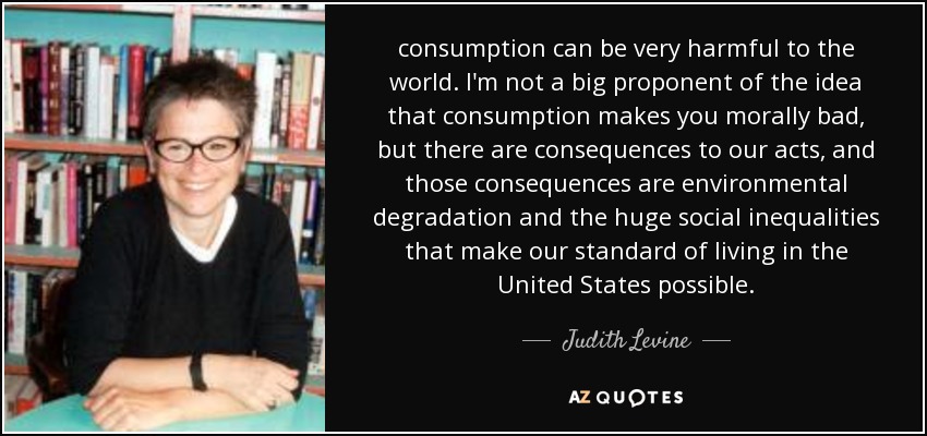 consumption can be very harmful to the world. I'm not a big proponent of the idea that consumption makes you morally bad, but there are consequences to our acts, and those consequences are environmental degradation and the huge social inequalities that make our standard of living in the United States possible. - Judith Levine