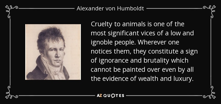 Cruelty to animals is one of the most significant vices of a low and ignoble people. Wherever one notices them, they constitute a sign of ignorance and brutality which cannot be painted over even by all the evidence of wealth and luxury. - Alexander von Humboldt