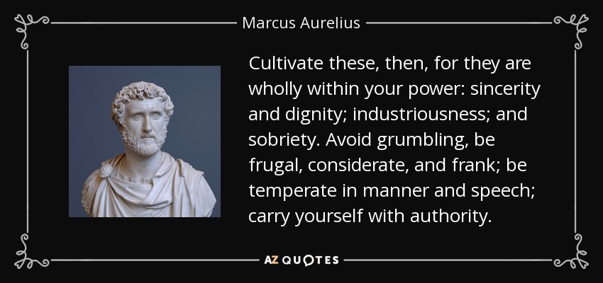 Cultivate these, then, for they are wholly within your power: sincerity and dignity; industriousness; and sobriety. Avoid grumbling, be frugal, considerate, and frank; be temperate in manner and speech; carry yourself with authority. - Marcus Aurelius