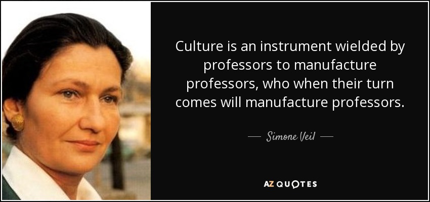 Culture is an instrument wielded by professors to manufacture professors, who when their turn comes will manufacture professors. - Simone Veil