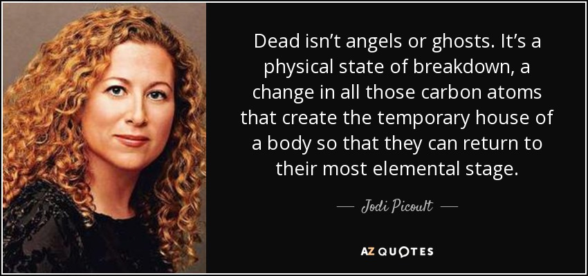Dead isn’t angels or ghosts. It’s a physical state of breakdown, a change in all those carbon atoms that create the temporary house of a body so that they can return to their most elemental stage. - Jodi Picoult
