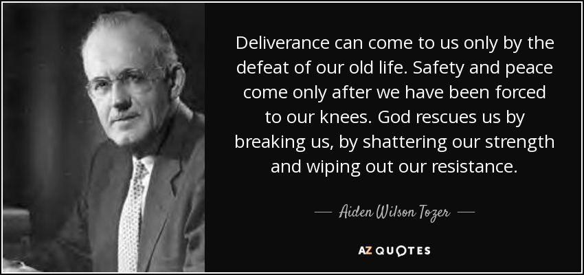 Deliverance can come to us only by the defeat of our old life. Safety and peace come only after we have been forced to our knees. God rescues us by breaking us, by shattering our strength and wiping out our resistance. - Aiden Wilson Tozer