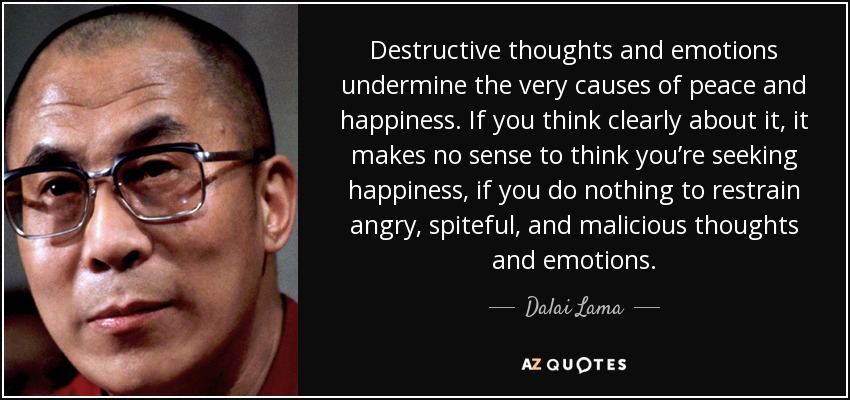 Destructive thoughts and emotions undermine the very causes of peace and happiness. If you think clearly about it, it makes no sense to think you’re seeking happiness, if you do nothing to restrain angry, spiteful, and malicious thoughts and emotions. - Dalai Lama