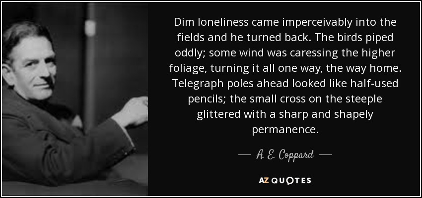 Dim loneliness came imperceivably into the fields and he turned back. The birds piped oddly; some wind was caressing the higher foliage, turning it all one way, the way home. Telegraph poles ahead looked like half-used pencils; the small cross on the steeple glittered with a sharp and shapely permanence. - A. E. Coppard
