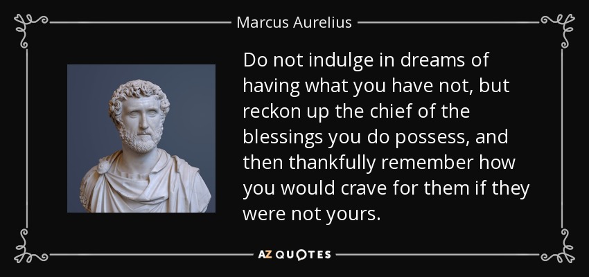Do not indulge in dreams of having what you have not, but reckon up the chief of the blessings you do possess, and then thankfully remember how you would crave for them if they were not yours. - Marcus Aurelius