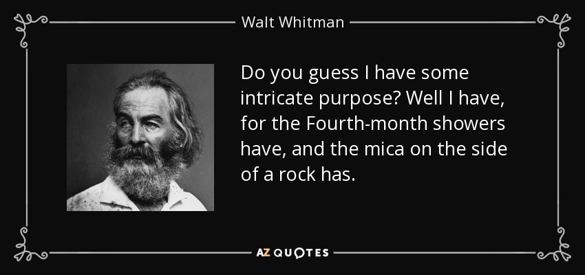 Do you guess I have some intricate purpose? Well I have, for the Fourth-month showers have, and the mica on the side of a rock has. - Walt Whitman